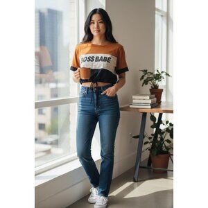 Boss Babe Colorblock Black Brown Beige Crop Top  Drawstring Hem Womens Papaya S